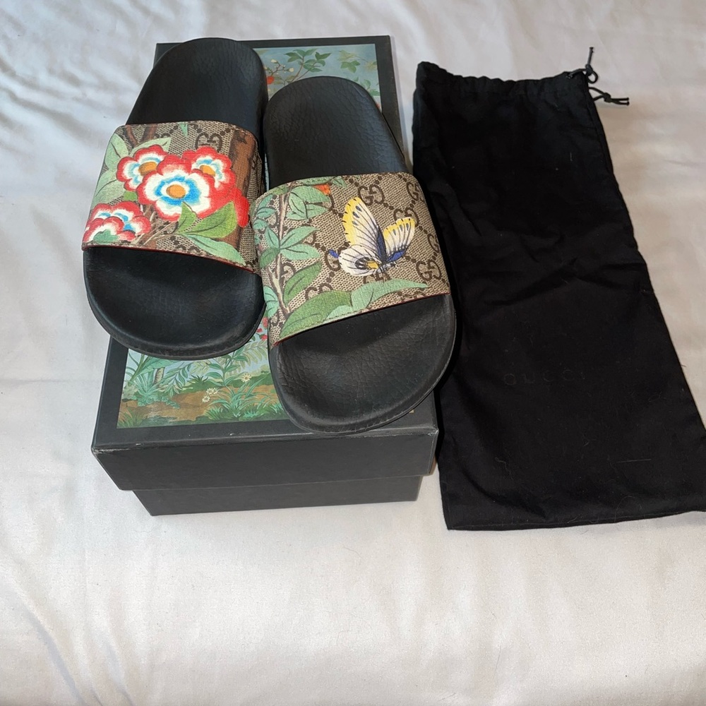 Authentic floral butterfly gucci slides